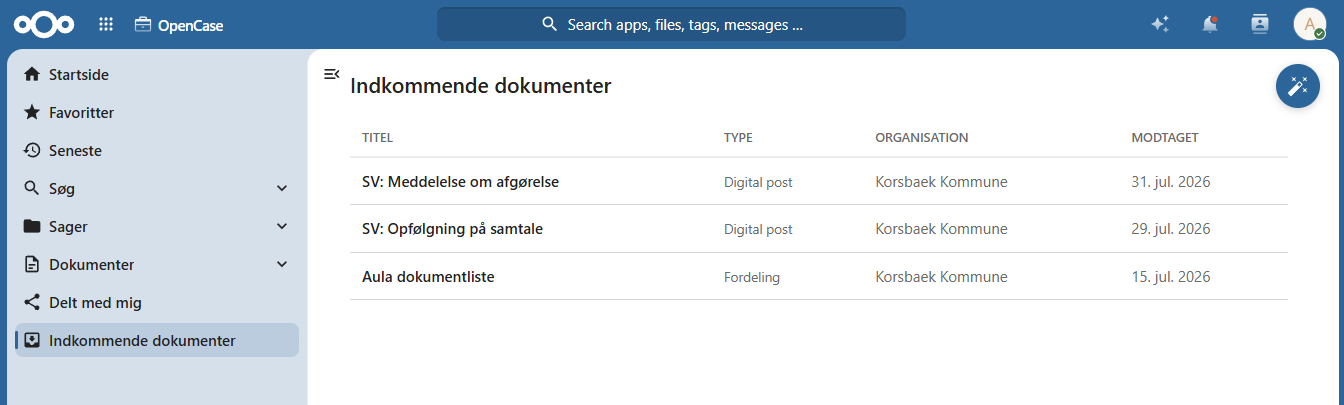 Liste over indkommende dokumenter