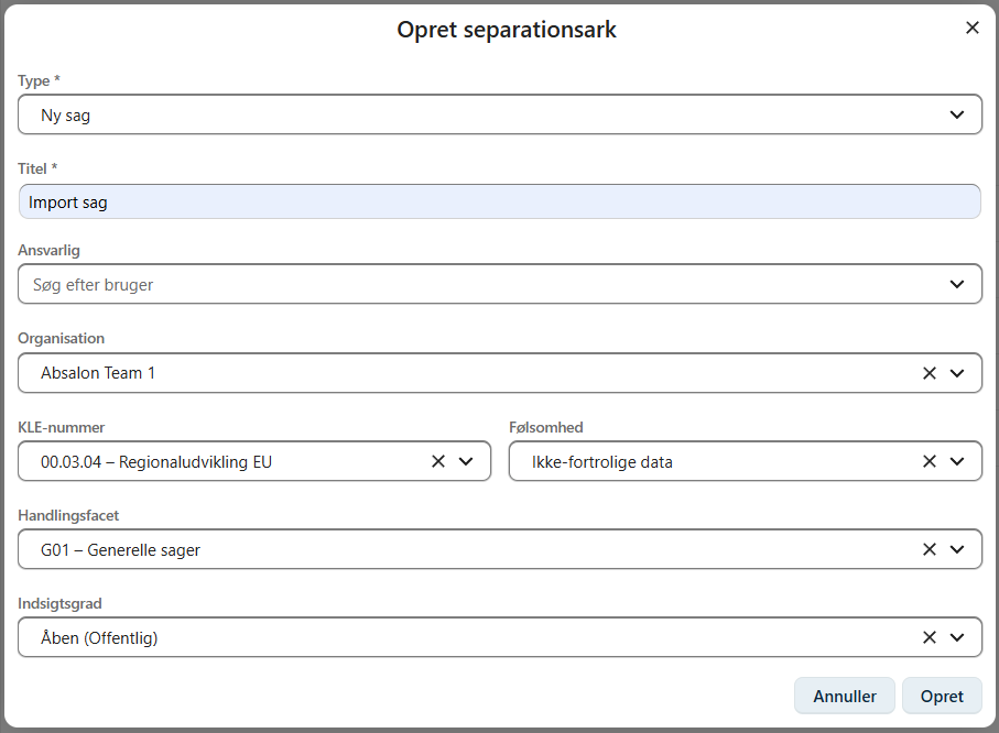 Separationsark ny sag