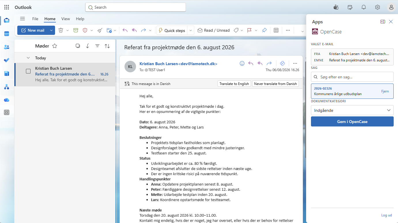 OpenCase i Outlook